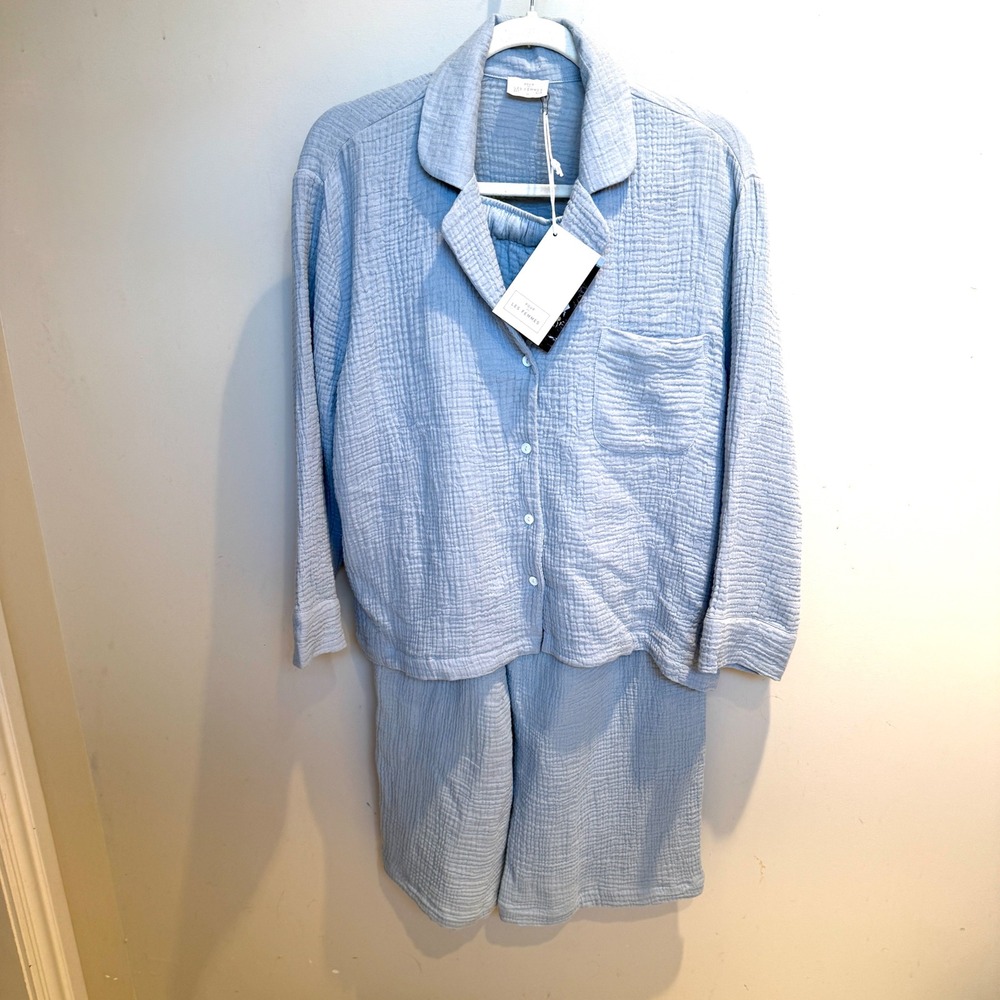 Pour Les Femmes Blue Cotton Gauze Pajama Set M Robin Wright Loungewear New - Picture 2 of 10